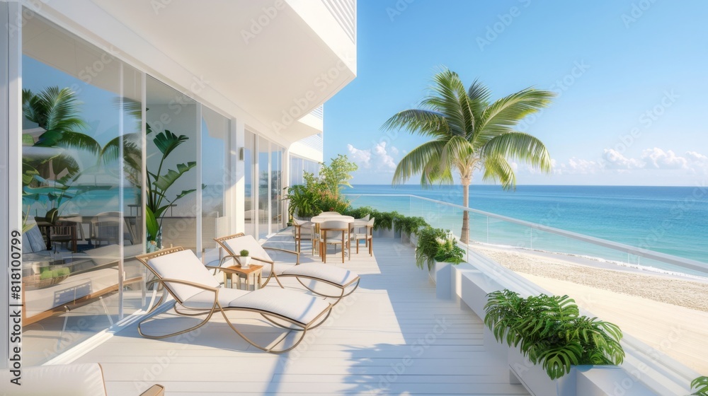 A balcony offers a stunning view of the beach and vast ocean, with waves gently crashing against the shore under a clear sky.