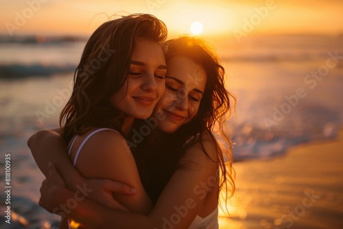 Two girls hug at sunset against the background of the sea