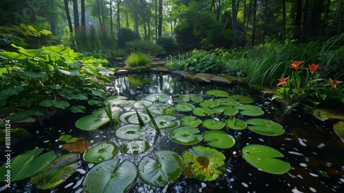 Forest-inspired home garden with a natural pond  water lilies  and dense plantings
