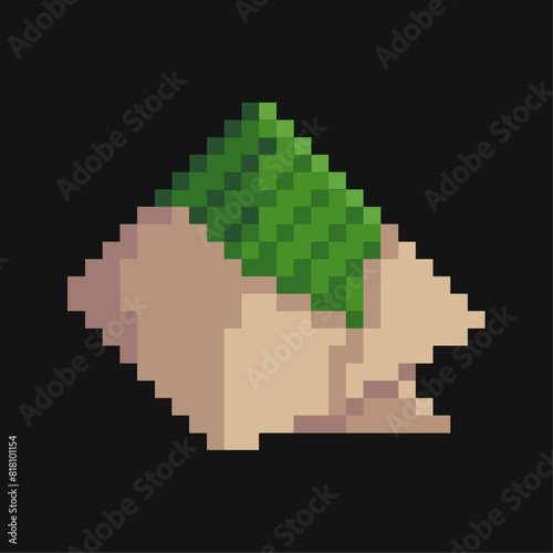 Pixel art illustration of packed Nasi Lemak wrapped in banana leaf and brown paper