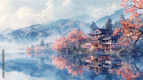 Vector illustration of edo japanese country house in the backround of lake  rolling hills  peaceful blooming cherry blossoms  pink  pastelle artstyle  