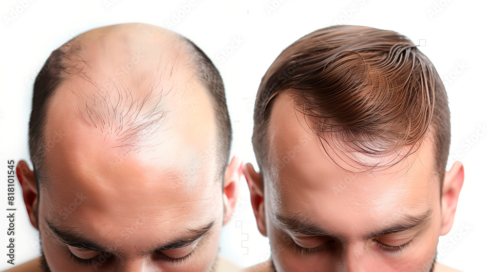 The head of a bald man before and after hair transplant surgery. Successful hair implant operation in a hair surgery clinic. The head of a bald man before and after hair transplant surgery. Successful hair implant operation in a hair surgery clinic.