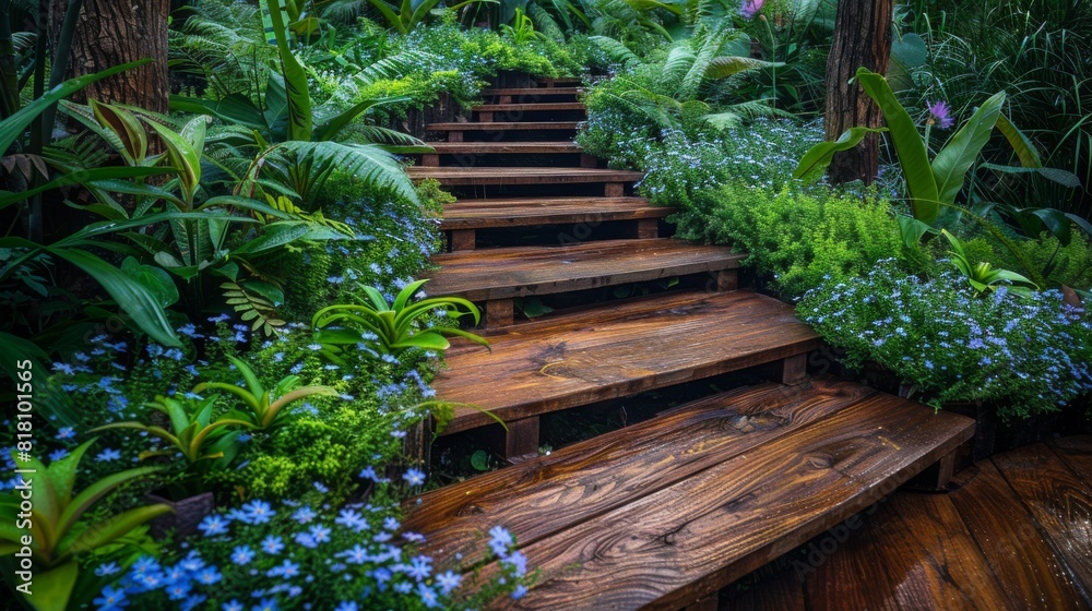 forest-style home garden featuring a wooden path, wildflowers, and dense foliage forest-style home garden featuring a wooden path, wildflowers, and dense foliage