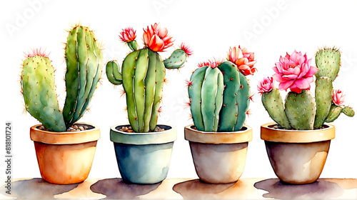 Cactus potted, watercolor painting.