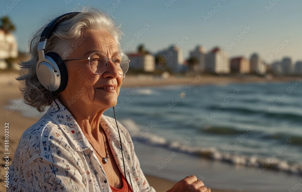 An elderly woman with a short haircut sits on the beach with headphones and listens to music. An elderly woman with a short haircut sits on the beach with headphones and listens to music.