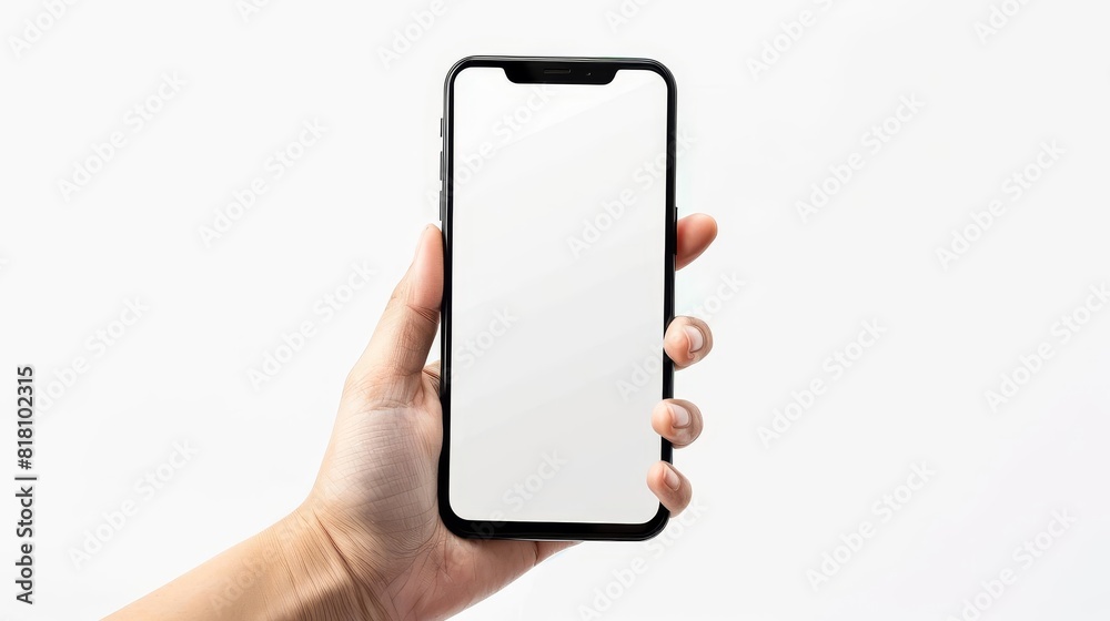 modern frameless smartphone mockup with blank white screen held in hand isolated on white background for app or web design modern frameless smartphone mockup with blank white screen held in hand isolated on white background for app or web design