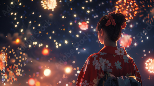 Background of a woman in yukata with fireworks in summer