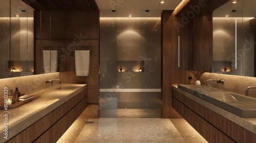 High-detail photo of a contemporary bathroom with a dual vanity, marble countertops, and stylish lighting