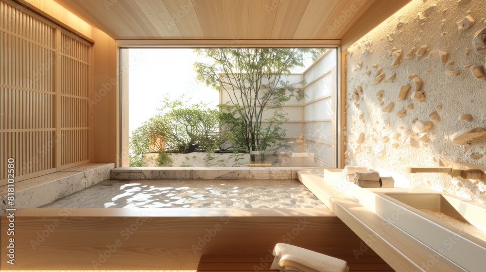 High-detail photo of a contemporary Japanese bathroom with a hinoki wood tub, natural stone accents, and minimalist design