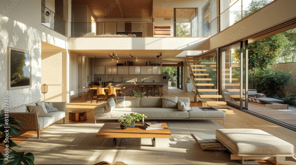 High-detail photo of a contemporary living room with an open floor plan, modern furniture, and clean lines