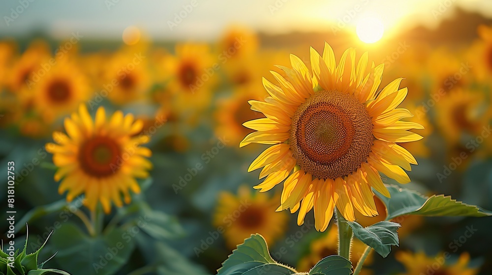 A field of sunflowers with their heads turned towards the sun. A field of sunflowers with their heads turned towards the sun.
