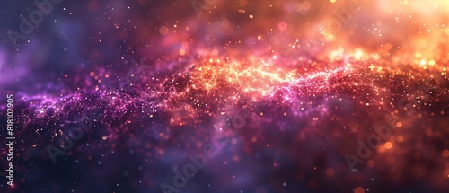 abstract background Multi-colored dust particles spread horizontally, sparkling orange, purple, yellow on a black background.