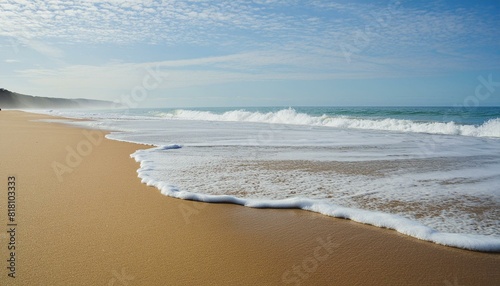 beach in the morning with light blue ocean waves and light sky  with light detailed sand and ocean foam in the foreground offer - backdrop for announcements  promotions for web and social media