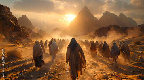 Moses Leads Jews Through Desert Biblical Journey  sunrise over the mountains