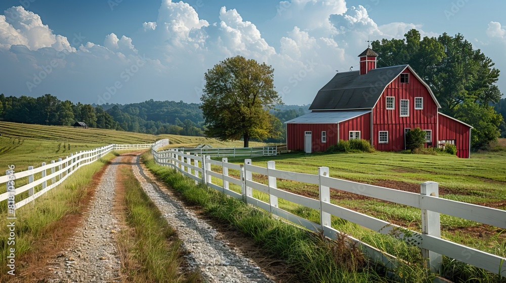A picturesque farmstead with a white picket fence and a red barn. A picturesque farmstead with a white picket fence and a red barn.