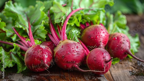 A close-up of freshly harvested beets with their greens still attached. photo