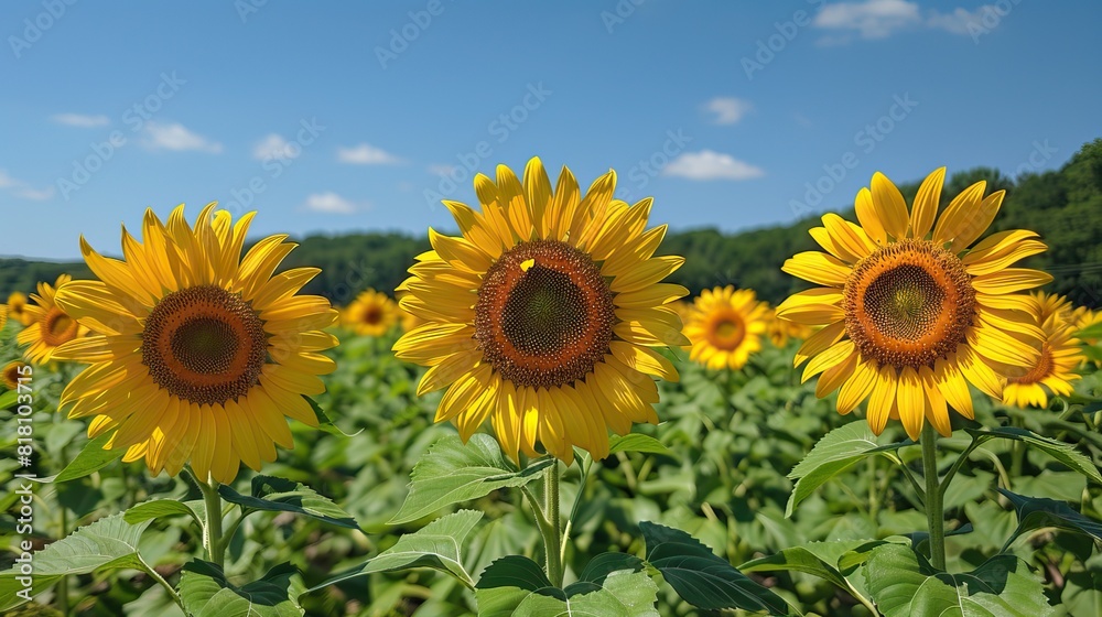 A field of tall sunflowers under a clear blue sky. A field of tall sunflowers under a clear blue sky.