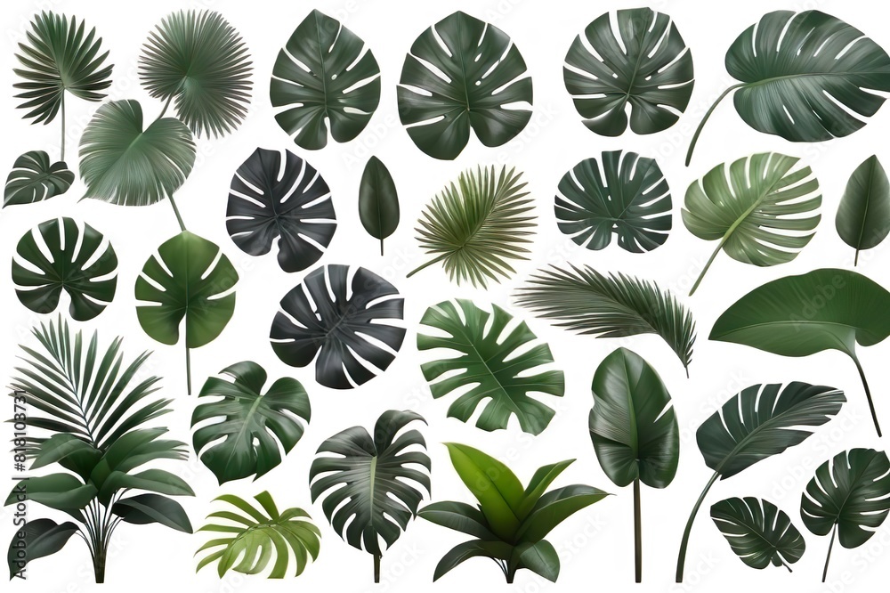 collection of tropical leaves isolated on white background.