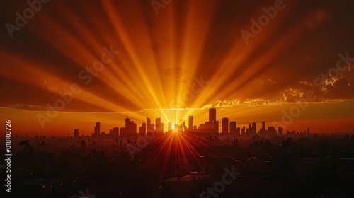 The sun is setting over a city, casting a warm glow over the buildings