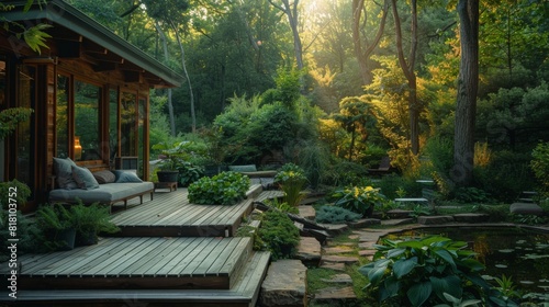 High-detail photo of a home garden with a forest feel, featuring a wooden deck and an abundance of greenery