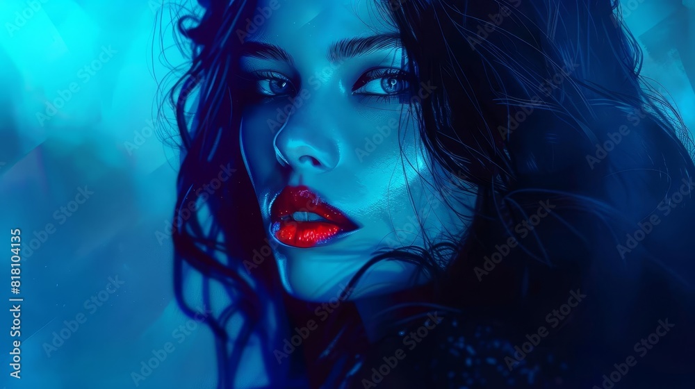 mysterious woman with dark hair and red lips intense portrait in blue light digital painting