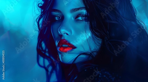 mysterious woman with dark hair and red lips intense portrait in blue light digital painting