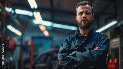 Confident Male Auto Mechanic with Crossed Arms in Modern Auto Repair Shop Garage
