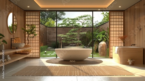 High-detail photo of a Japanese-style bathroom with a freestanding tub, wooden wall panels, and a garden view © G.Go