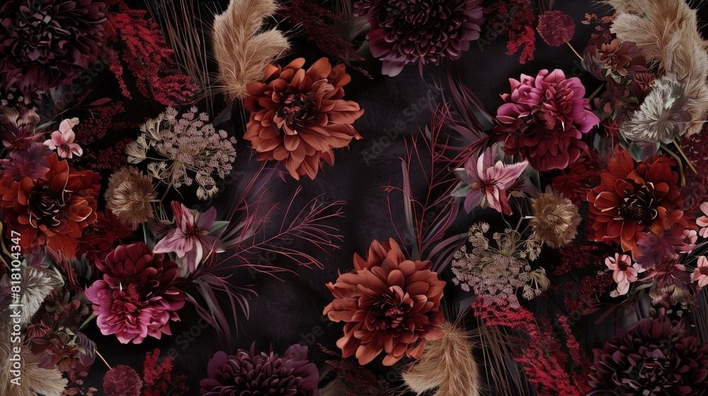 mauve and burgundy red chrysanthemum flowers pattern background with pampas grass mauve and burgundy red chrysanthemum flowers pattern background with pampas grass