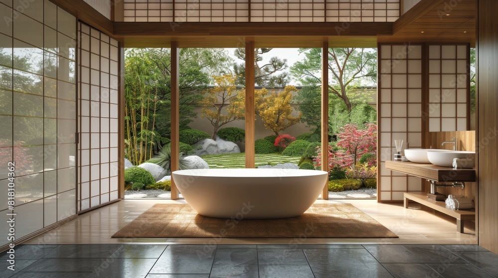High-detail photo of a Japanese-style bathroom with a freestanding tub, wooden wall panels, and ...