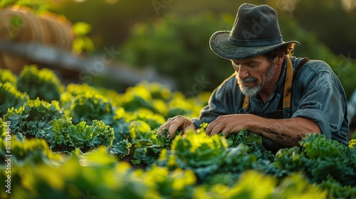 A farmer harvesting lettuce in the early morning light.