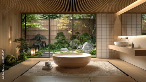 High-detail photo of a Japanese-style bathroom with a freestanding tub, wooden wall panels, and a garden view © G.Go