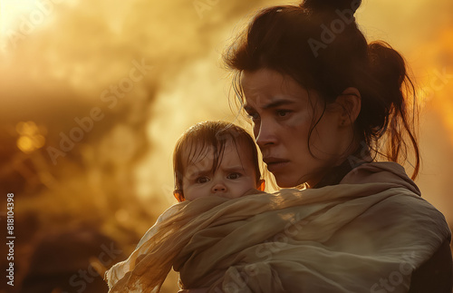 dramatic scene of homeless woman clutching her baby amidst a fiery landscape