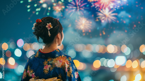 Background of a woman in yukata with fireworks in summer