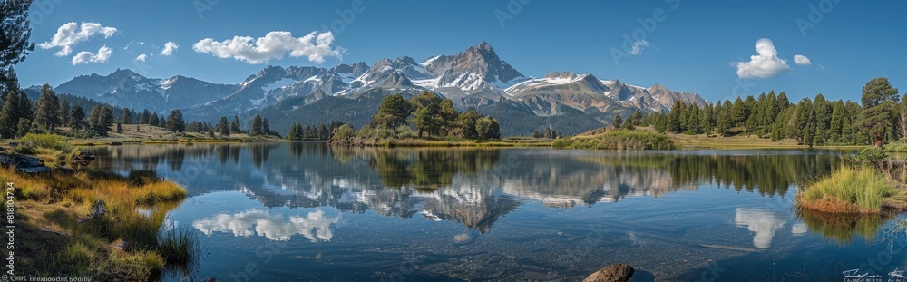 Fototapeta premium Escaping the Summer Heat: Serene Glacial Landscapes Amid the Dramatic Peaks of Lassen Volcanic National Park. Breathtaking 4K Wallpaper for Nature, Exploration, and Adventure Enthusiasts.
