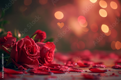 Valentine s day background  rose flower lying on the floor with spreading petals  with dark background slightly light blur with copy space