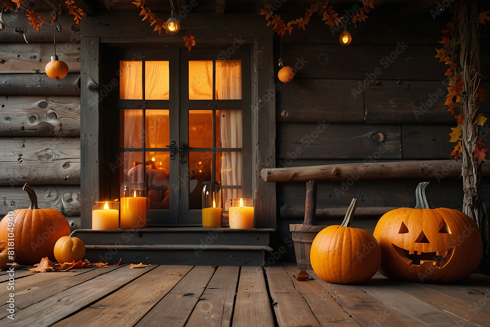 Obraz premium Background with halloween pumpkins, candles and autumn leaves on wooden house porch