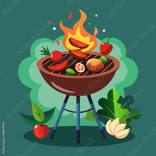 Barbecue grill with meat and vegetables outdoors. Flat illustration on a green background. Outdoor cooking and summer barbecue concept. Design for posters, banners, print.