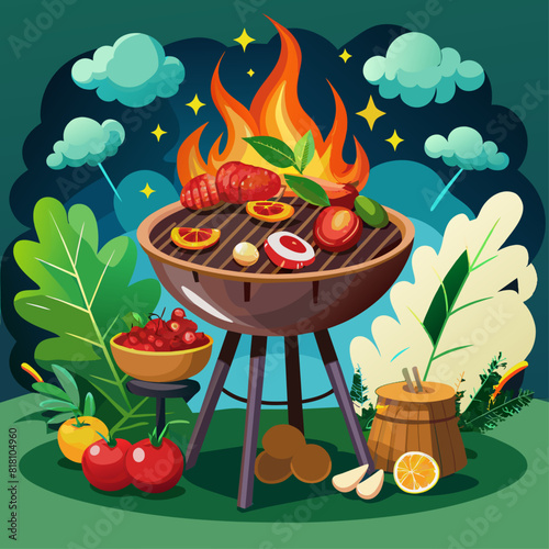 Barbecue grill with meat and vegetables outdoors. Flat illustration on a green background. Outdoor cooking and summer barbecue concept. Design for posters, banners, print.