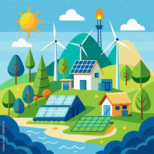 Houses with solar panels and wind turbines in nature. Flat illustration on a blue background. Renewable energy and sustainable development concept. Design for poster, banner, print.