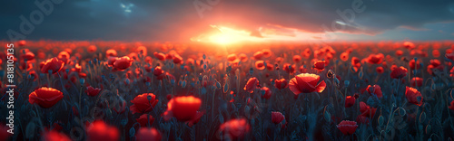 Beautiful nature background with red poppy flower poppy in the sunset in the field. Remembrance day, Veterans day, lest we forget concept photo
