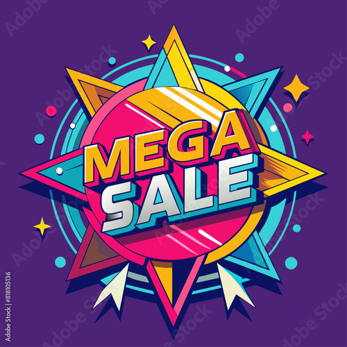 "Mega Sale text on a bright background. Flat illustration on a purple background. Advertising and marketing concept. Design for poster, banner, print.