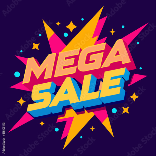 "Mega Sale text on a bright background. Flat illustration on a purple background. Advertising and marketing concept. Design for poster, banner, print.