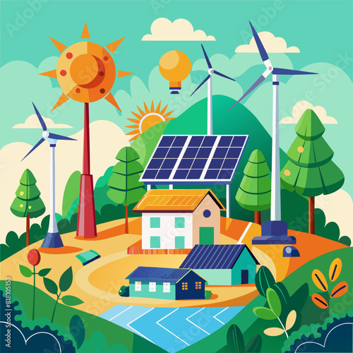 Houses with solar panels and wind turbines in nature. Flat illustration on a blue background. Renewable energy and sustainable development concept. Design for poster, banner, print.
