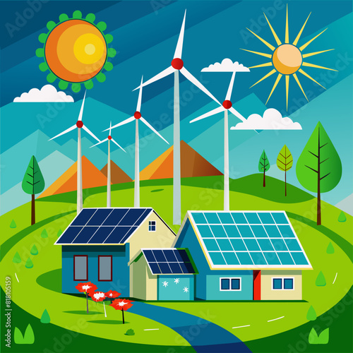 Houses with solar panels and wind turbines in nature. Flat illustration on a blue background. Renewable energy and sustainable development concept. Design for poster, banner, print.
