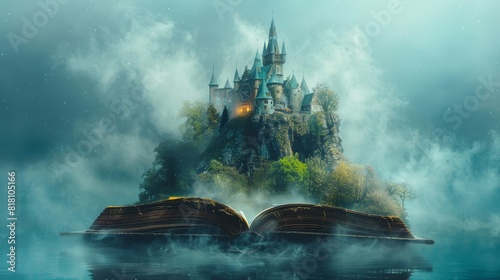 A castle is floating on top of a book