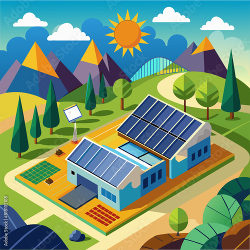House with solar panels surrounded by trees. Flat illustration on a green background. Renewable energy and eco-friendly construction concept. Design for poster, banner, print