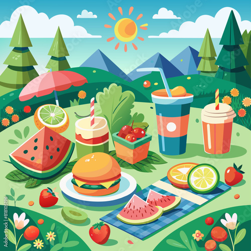 Picnic setup with sandwiches, fruits, and drinks on a blanket. Flat illustration on a green background. Summer picnic and outdoor dining concept. Design for poster, banner, print.