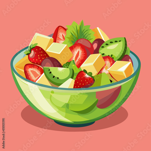 Fruit salad with strawberries, kiwi, grapes, and pineapple in a glass bowl. Flat illustration on a pink background. Healthy eating and fresh fruit concept. Design for poster, banner, print.