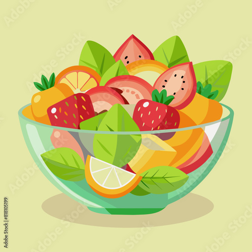 Fruit salad with strawberries, kiwi, grapes, and pineapple in a glass bowl. Flat illustration on a pink background. Healthy eating and fresh fruit concept. Design for poster, banner, print.